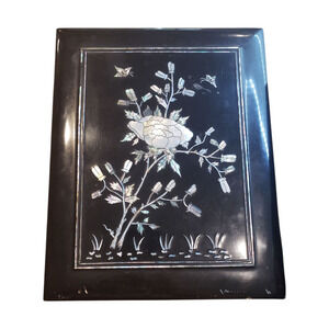 Vintage Black Lacquer Jewelry Box Mother of Pearl Inlay Floral Asian 12x10